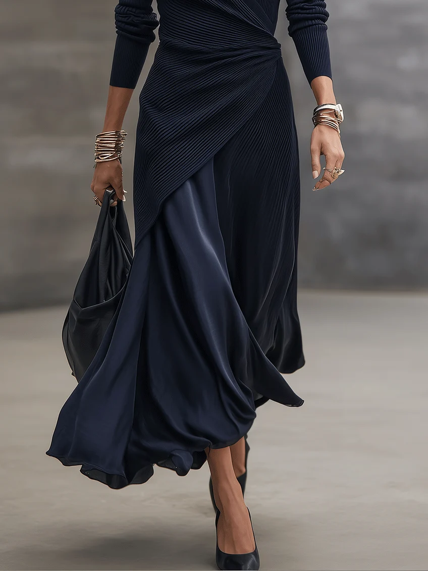 LOREDANA | VESTIDO MAXI ASIMÉTRICO CON ESCOTE EN V Y PANELES DE SATÉN