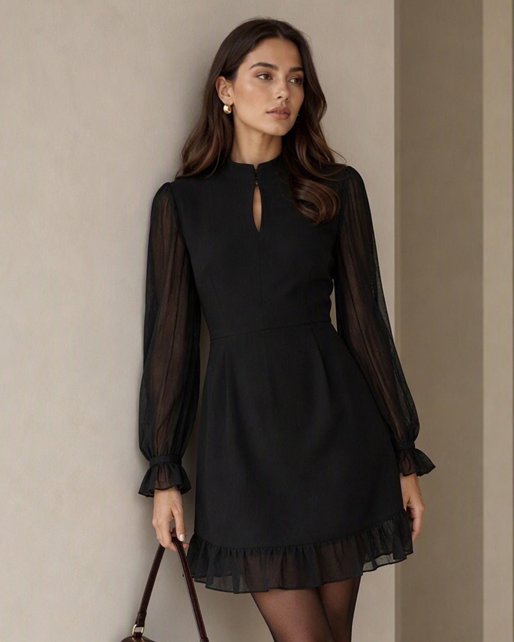 Black Puffed Sleeve Tie Chiffon Mini Dress